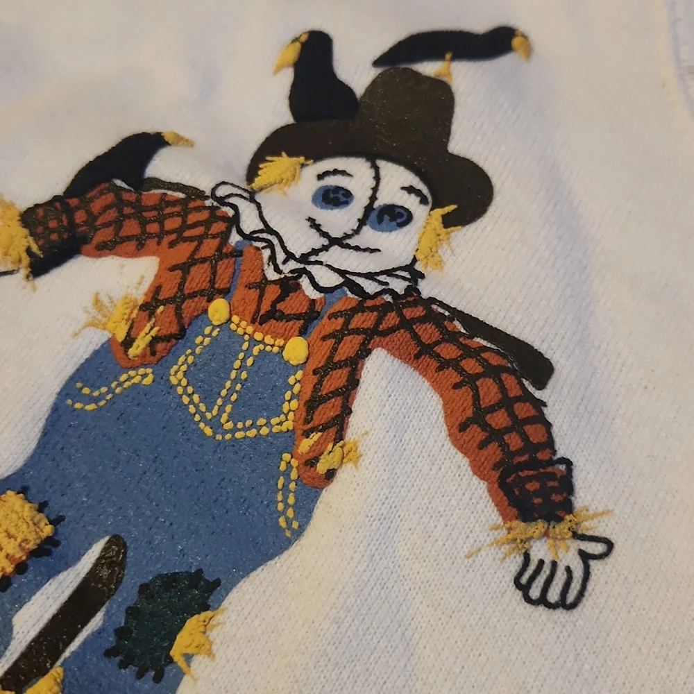 Vintage Jerzees, Fall, Autumn, White Sweatshirt w Scarecrow &  Sunflower Design - Picture 2 of 7